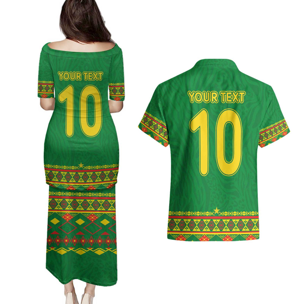 Custom Cameroon Football Couples Matching Puletasi and Hawaiian Shirt Tribal Motifs Green Color - Wonder Print Shop