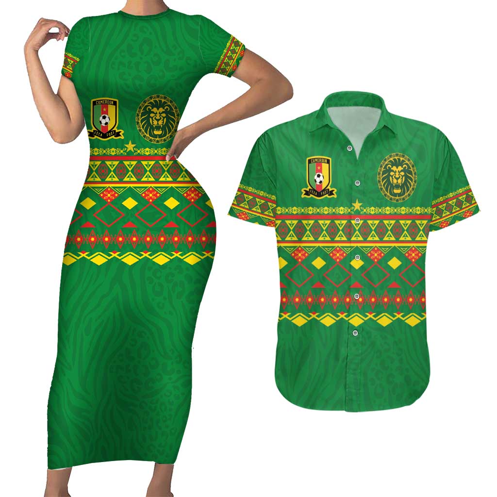 Custom Cameroon Football Couples Matching Short Sleeve Bodycon Dress and Hawaiian Shirt Tribal Motifs Green Color - Wonder Print Shop