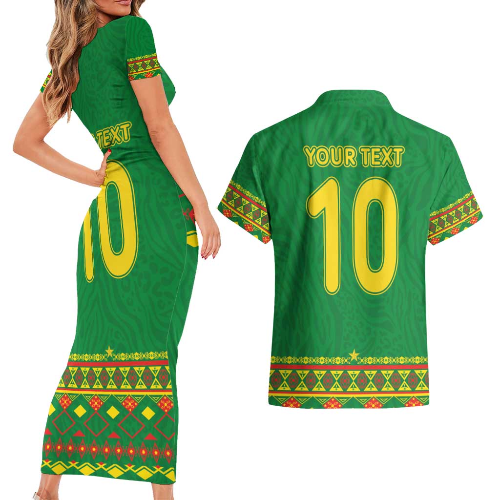 Custom Cameroon Football Couples Matching Short Sleeve Bodycon Dress and Hawaiian Shirt Tribal Motifs Green Color - Wonder Print Shop