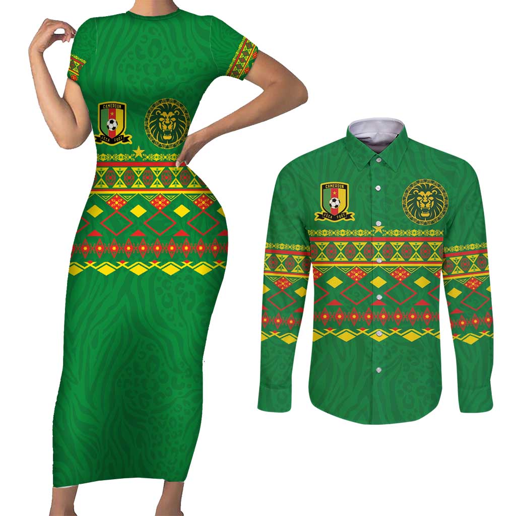 Custom Cameroon Football Couples Matching Short Sleeve Bodycon Dress and Long Sleeve Button Shirt Tribal Motifs Green Color - Wonder Print Shop