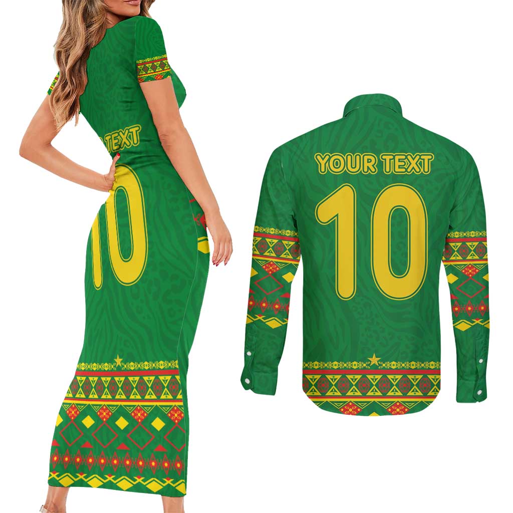 Custom Cameroon Football Couples Matching Short Sleeve Bodycon Dress and Long Sleeve Button Shirt Tribal Motifs Green Color - Wonder Print Shop