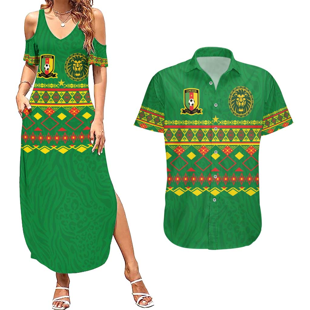 Custom Cameroon Football Couples Matching Summer Maxi Dress and Hawaiian Shirt Tribal Motifs Green Color - Wonder Print Shop