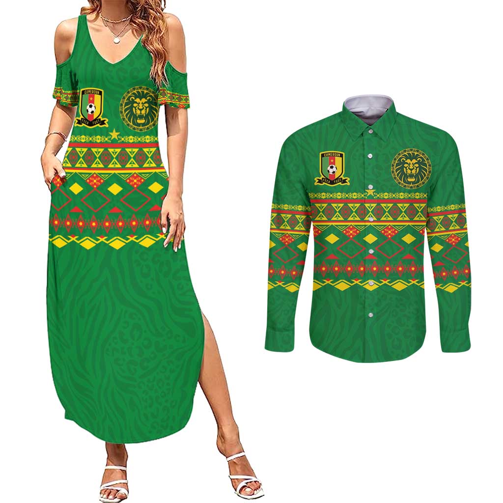 Custom Cameroon Football Couples Matching Summer Maxi Dress and Long Sleeve Button Shirt Tribal Motifs Green Color - Wonder Print Shop