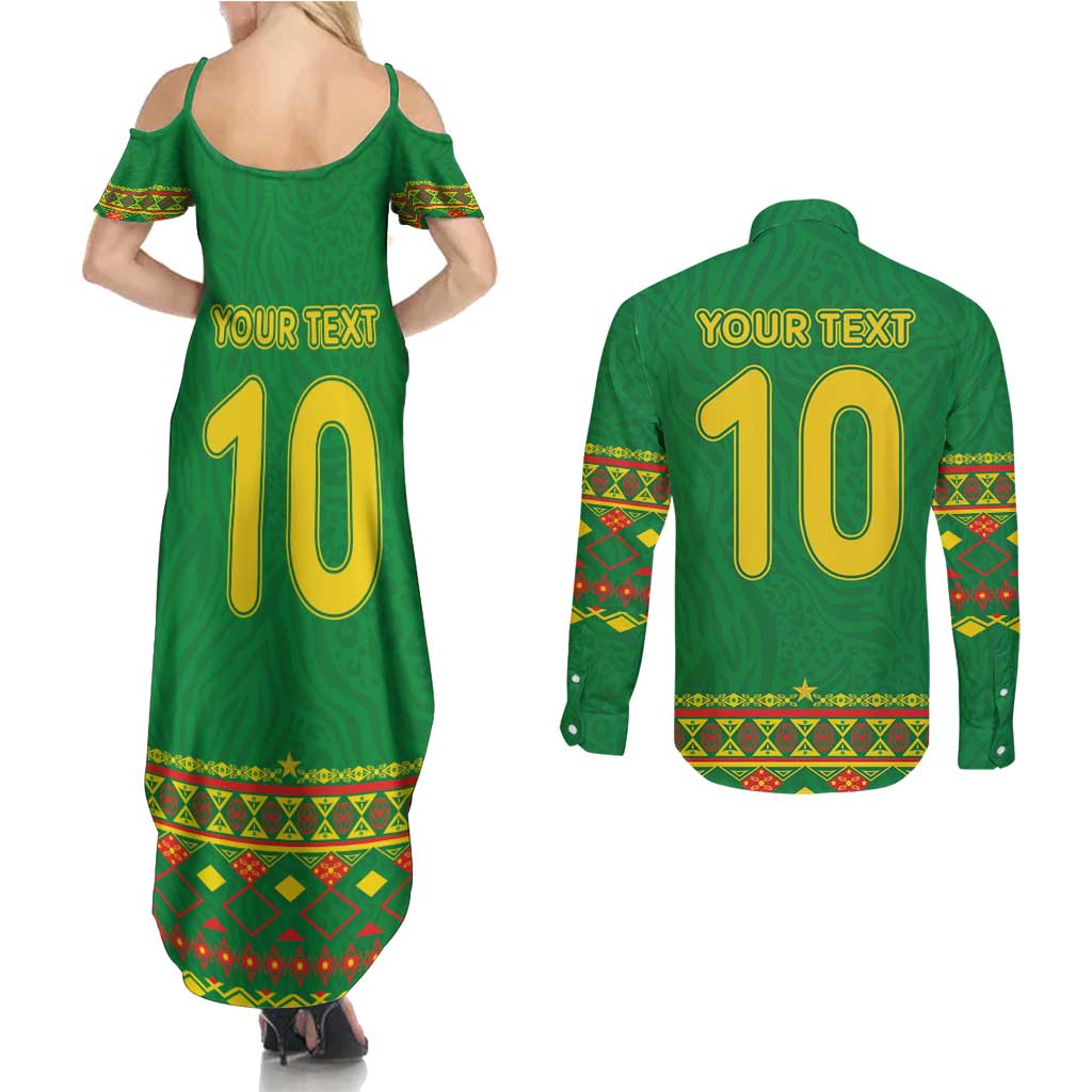 Custom Cameroon Football Couples Matching Summer Maxi Dress and Long Sleeve Button Shirt Tribal Motifs Green Color - Wonder Print Shop