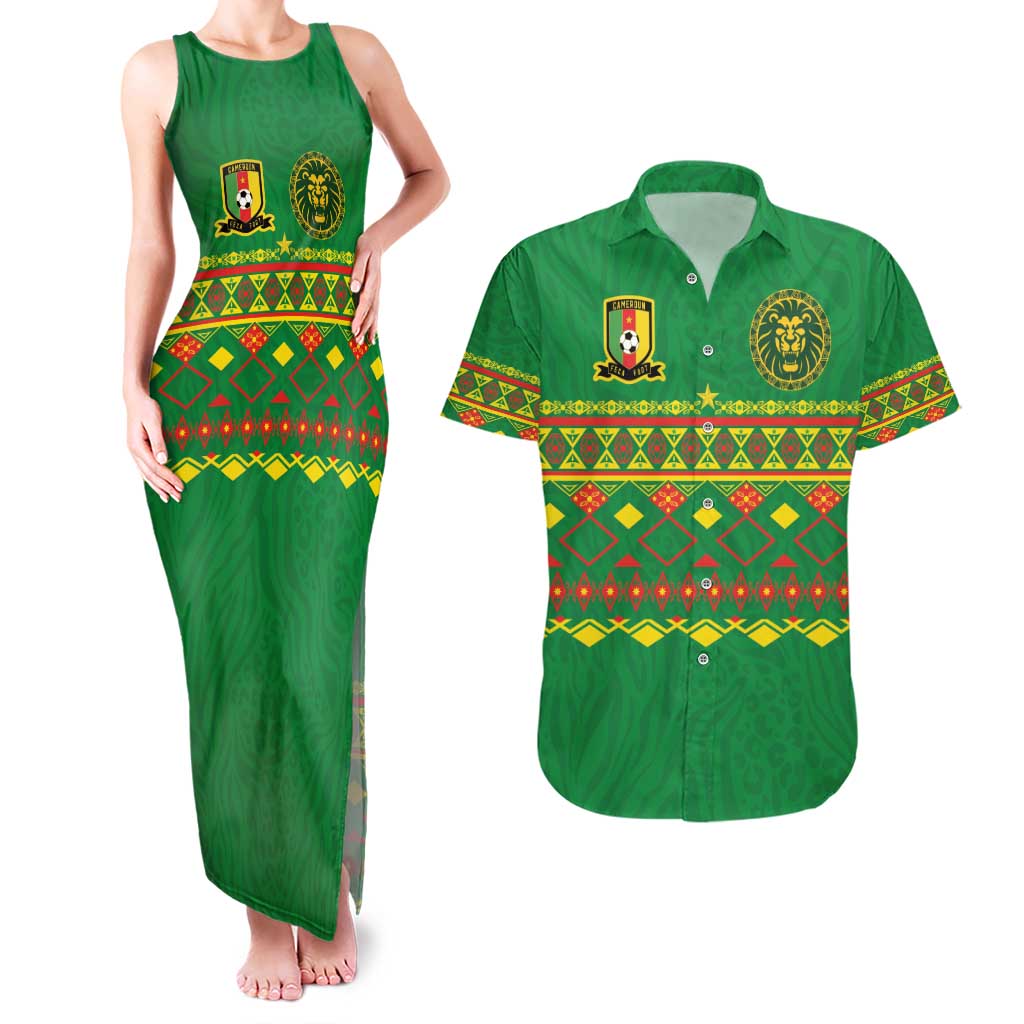 Custom Cameroon Football Couples Matching Tank Maxi Dress and Hawaiian Shirt Tribal Motifs Green Color - Wonder Print Shop