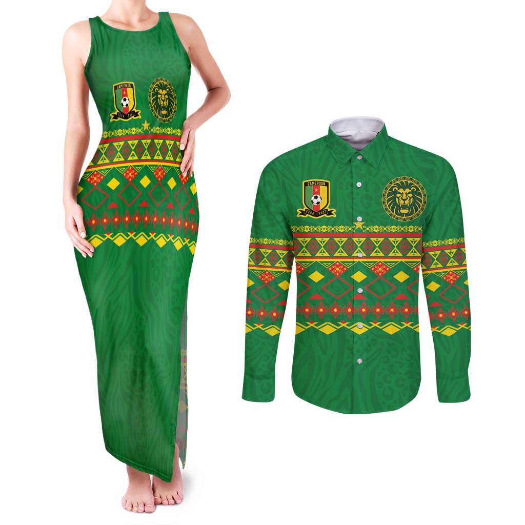 Custom Cameroon Football Couples Matching Tank Maxi Dress and Long Sleeve Button Shirt Tribal Motifs Green Color - Wonder Print Shop