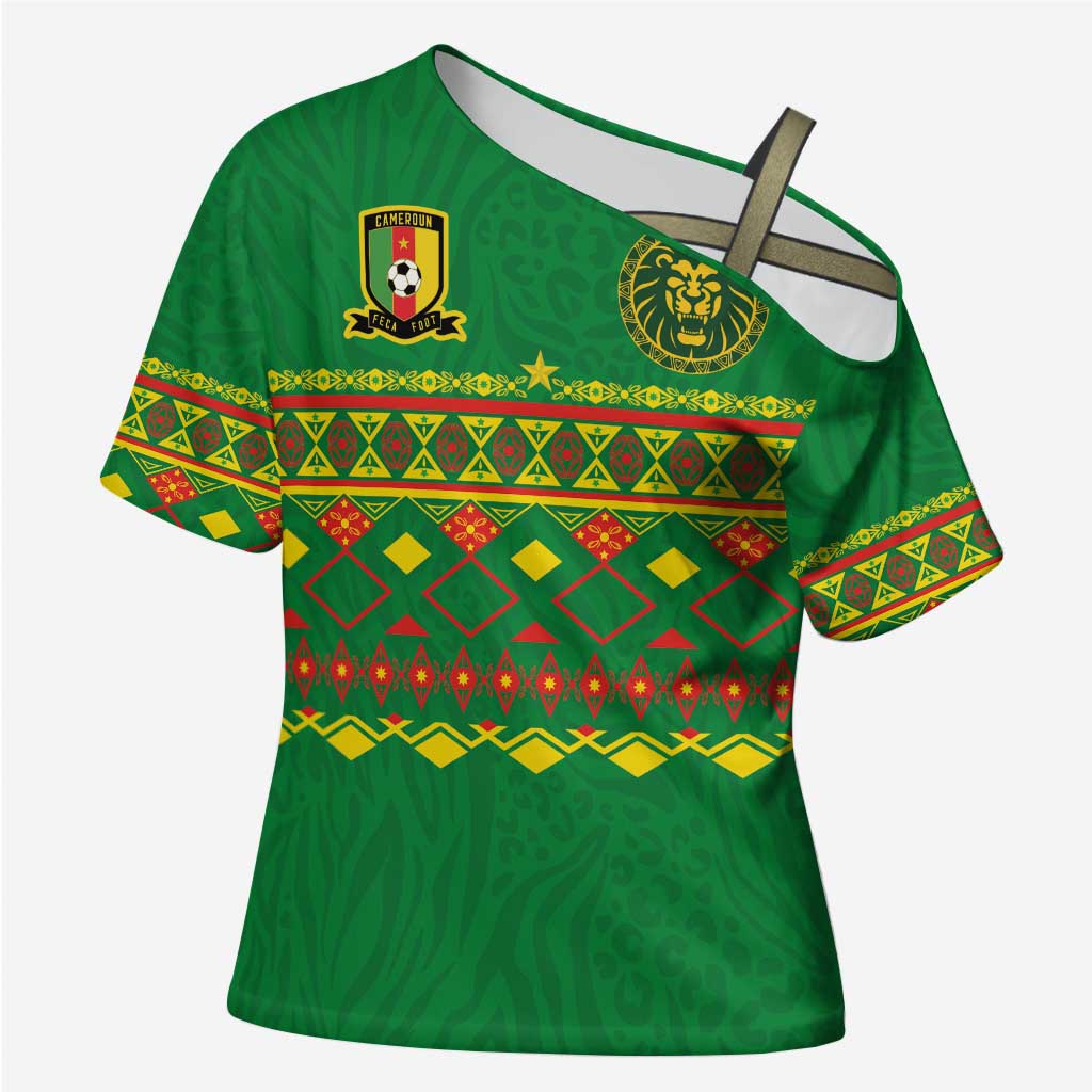 Custom Cameroon Football Cross Shoulder Shirt Tribal Motifs Green Color - Wonder Print Shop