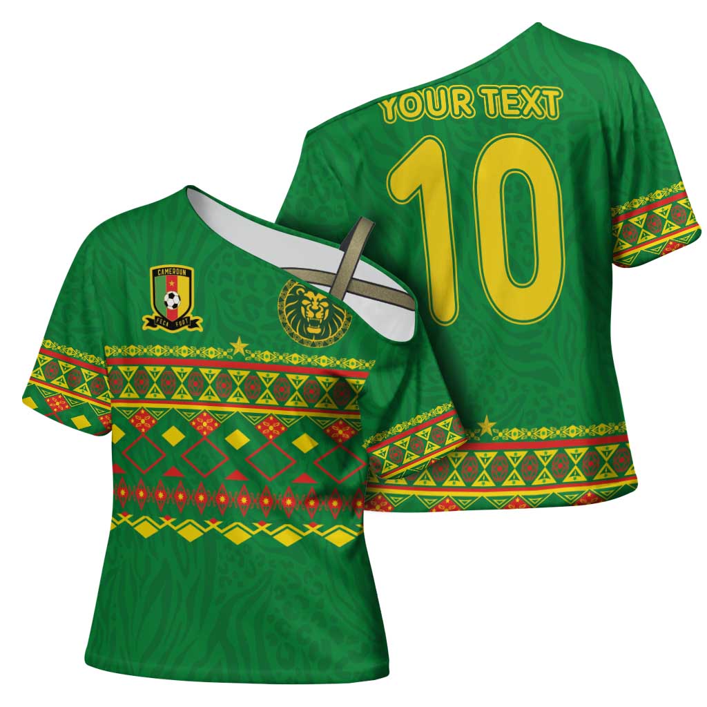 Custom Cameroon Football Cross Shoulder Shirt Tribal Motifs Green Color - Wonder Print Shop
