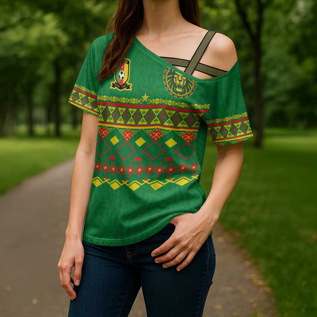 Custom Cameroon Football Cross Shoulder Shirt Tribal Motifs Green Color - Wonder Print Shop