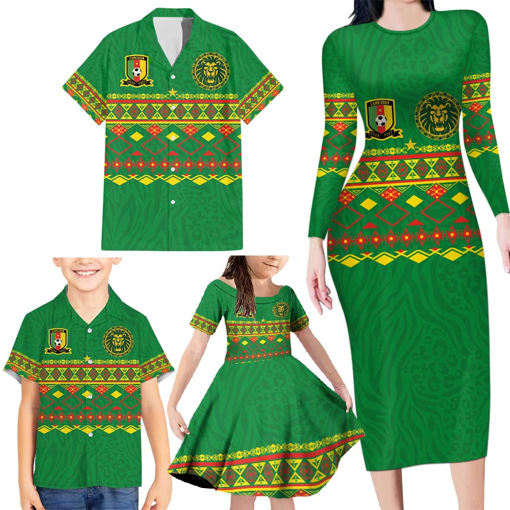 Custom Cameroon Football Family Matching Long Sleeve Bodycon Dress and Hawaiian Shirt Tribal Motifs Green Color - Wonder Print Shop