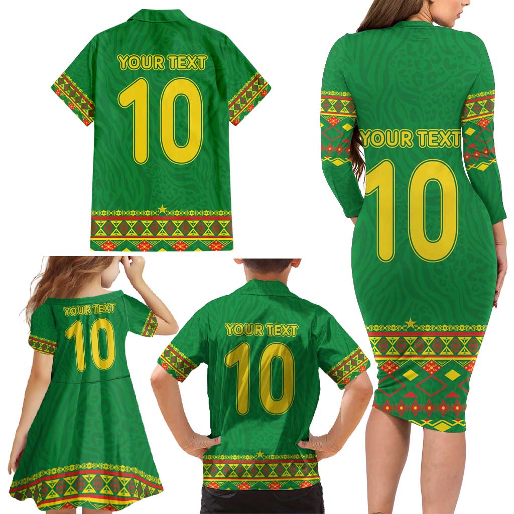 Custom Cameroon Football Family Matching Long Sleeve Bodycon Dress and Hawaiian Shirt Tribal Motifs Green Color - Wonder Print Shop