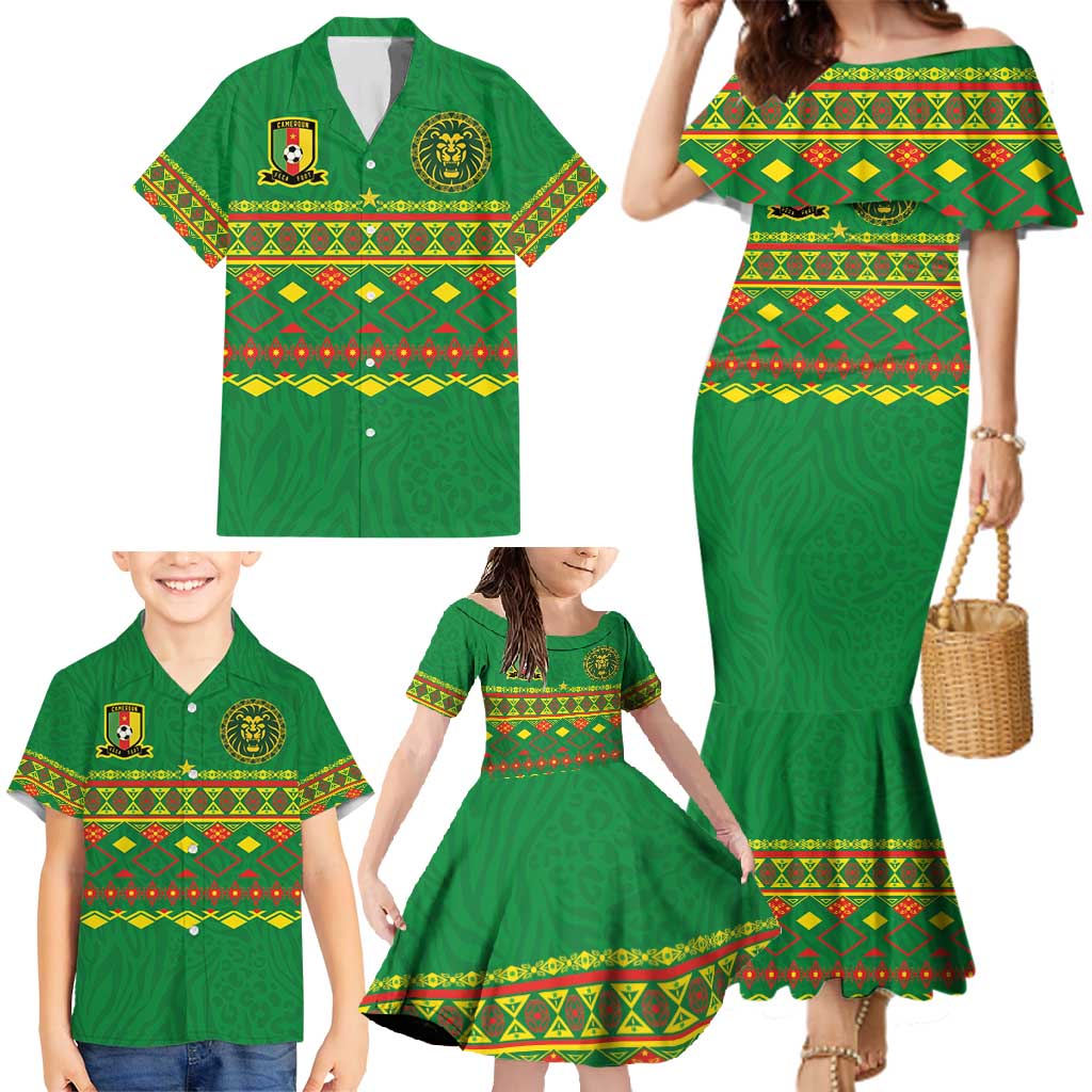 Custom Cameroon Football Family Matching Mermaid Dress and Hawaiian Shirt Tribal Motifs Green Color - Wonder Print Shop
