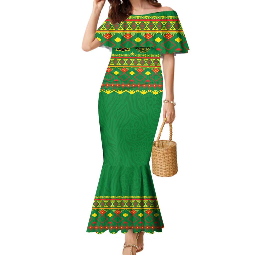 Custom Cameroon Football Family Matching Mermaid Dress and Hawaiian Shirt Tribal Motifs Green Color - Wonder Print Shop