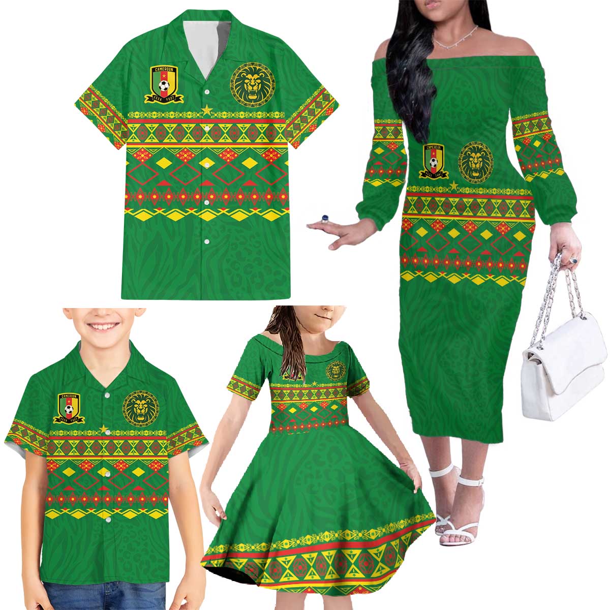 Custom Cameroon Football Family Matching Off The Shoulder Long Sleeve Dress and Hawaiian Shirt Tribal Motifs Green Color - Wonder Print Shop