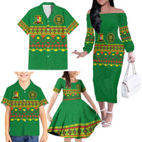 Custom Cameroon Football Family Matching Off The Shoulder Long Sleeve Dress and Hawaiian Shirt Tribal Motifs Green Color - Wonder Print Shop