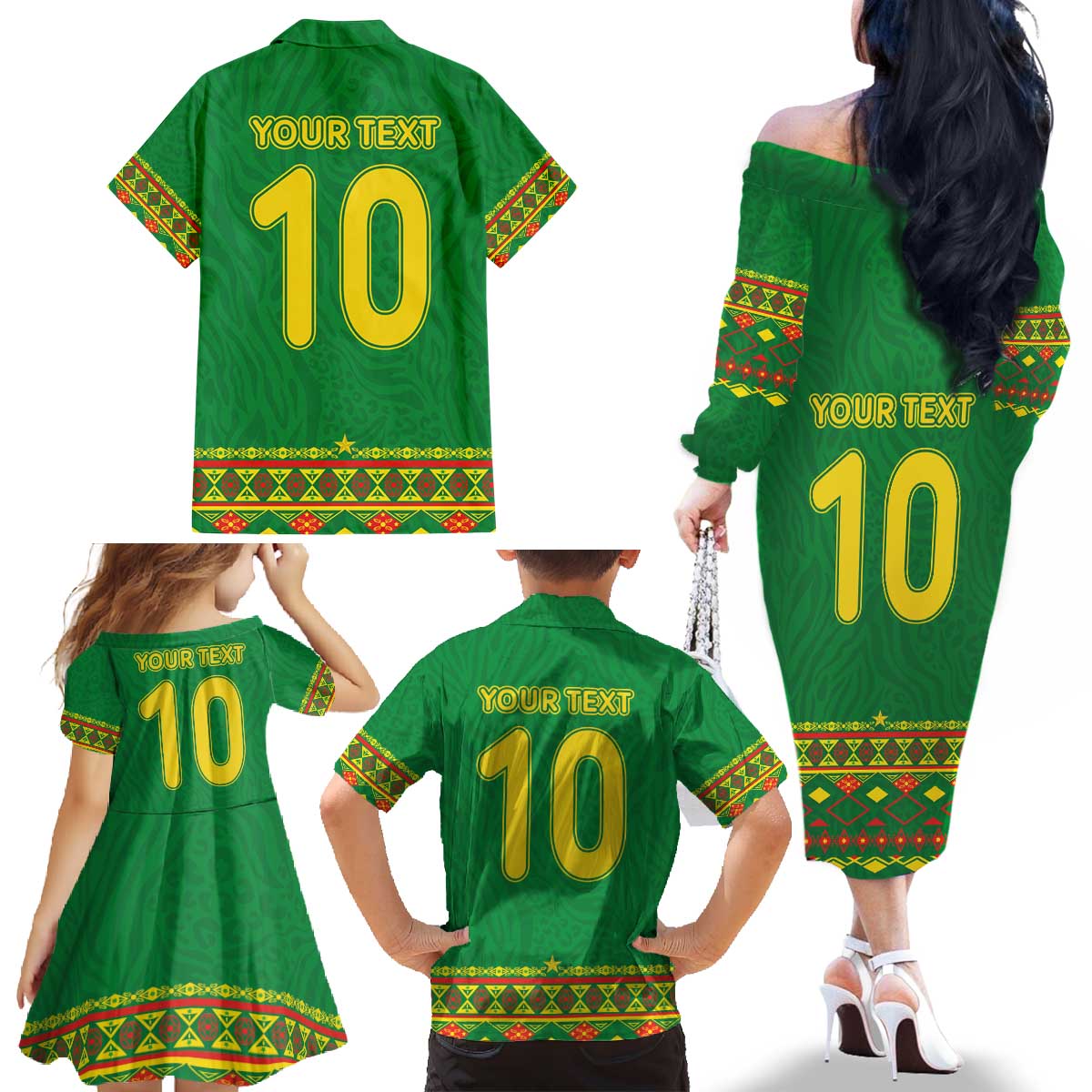 Custom Cameroon Football Family Matching Off The Shoulder Long Sleeve Dress and Hawaiian Shirt Tribal Motifs Green Color - Wonder Print Shop