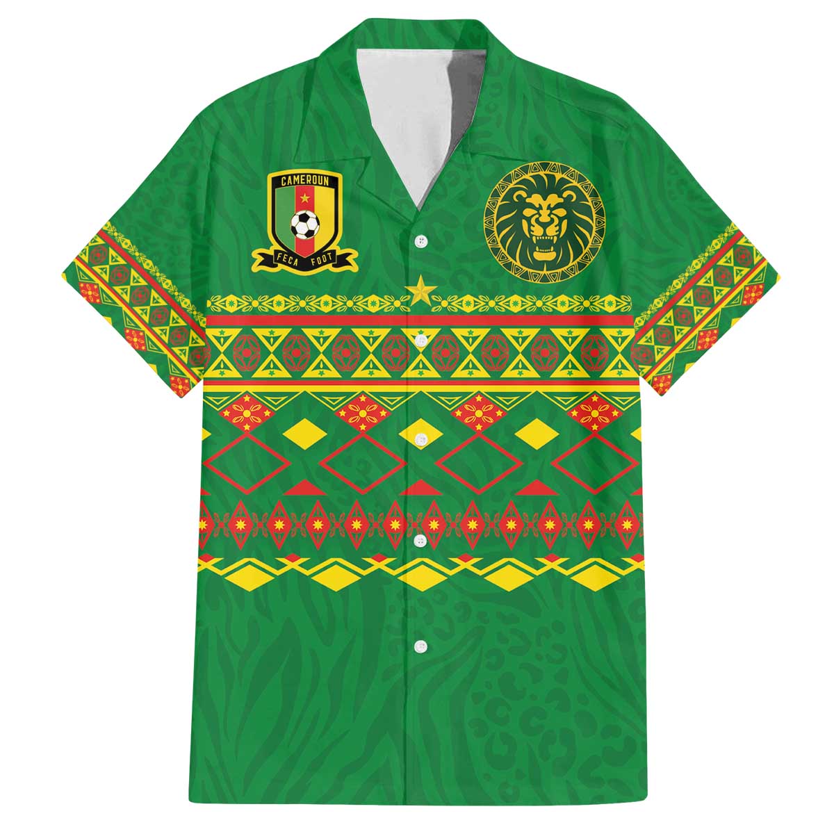 Custom Cameroon Football Family Matching Off The Shoulder Long Sleeve Dress and Hawaiian Shirt Tribal Motifs Green Color - Wonder Print Shop