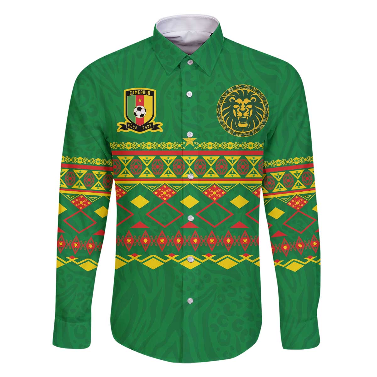 Custom Cameroon Football Family Matching Off The Shoulder Long Sleeve Dress and Hawaiian Shirt Tribal Motifs Green Color - Wonder Print Shop