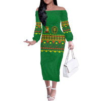 Custom Cameroon Football Family Matching Off The Shoulder Long Sleeve Dress and Hawaiian Shirt Tribal Motifs Green Color - Wonder Print Shop