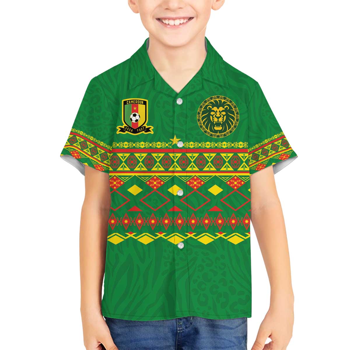 Custom Cameroon Football Family Matching Off The Shoulder Long Sleeve Dress and Hawaiian Shirt Tribal Motifs Green Color - Wonder Print Shop