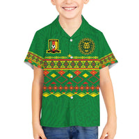 Custom Cameroon Football Family Matching Off The Shoulder Long Sleeve Dress and Hawaiian Shirt Tribal Motifs Green Color - Wonder Print Shop