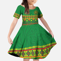 Custom Cameroon Football Family Matching Off Shoulder Maxi Dress and Hawaiian Shirt Tribal Motifs Green Color - Wonder Print Shop