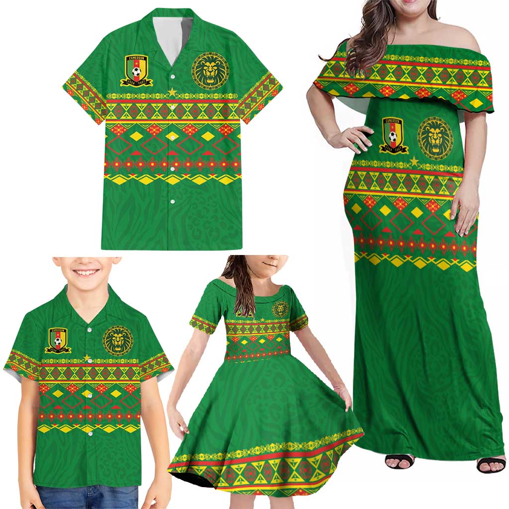 Custom Cameroon Football Family Matching Off Shoulder Maxi Dress and Hawaiian Shirt Tribal Motifs Green Color - Wonder Print Shop