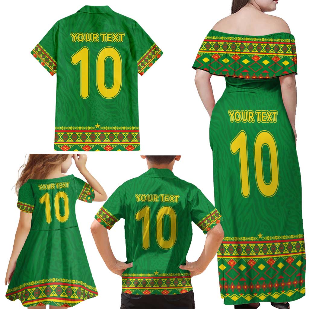 Custom Cameroon Football Family Matching Off Shoulder Maxi Dress and Hawaiian Shirt Tribal Motifs Green Color - Wonder Print Shop