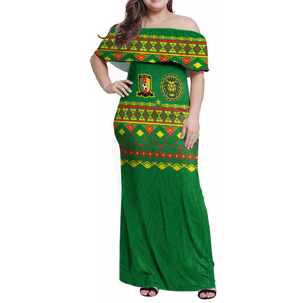 Custom Cameroon Football Family Matching Off Shoulder Maxi Dress and Hawaiian Shirt Tribal Motifs Green Color - Wonder Print Shop