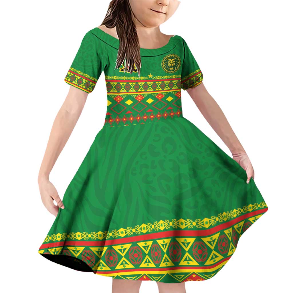Custom Cameroon Football Family Matching Off Shoulder Short Dress and Hawaiian Shirt Tribal Motifs Green Color - Wonder Print Shop