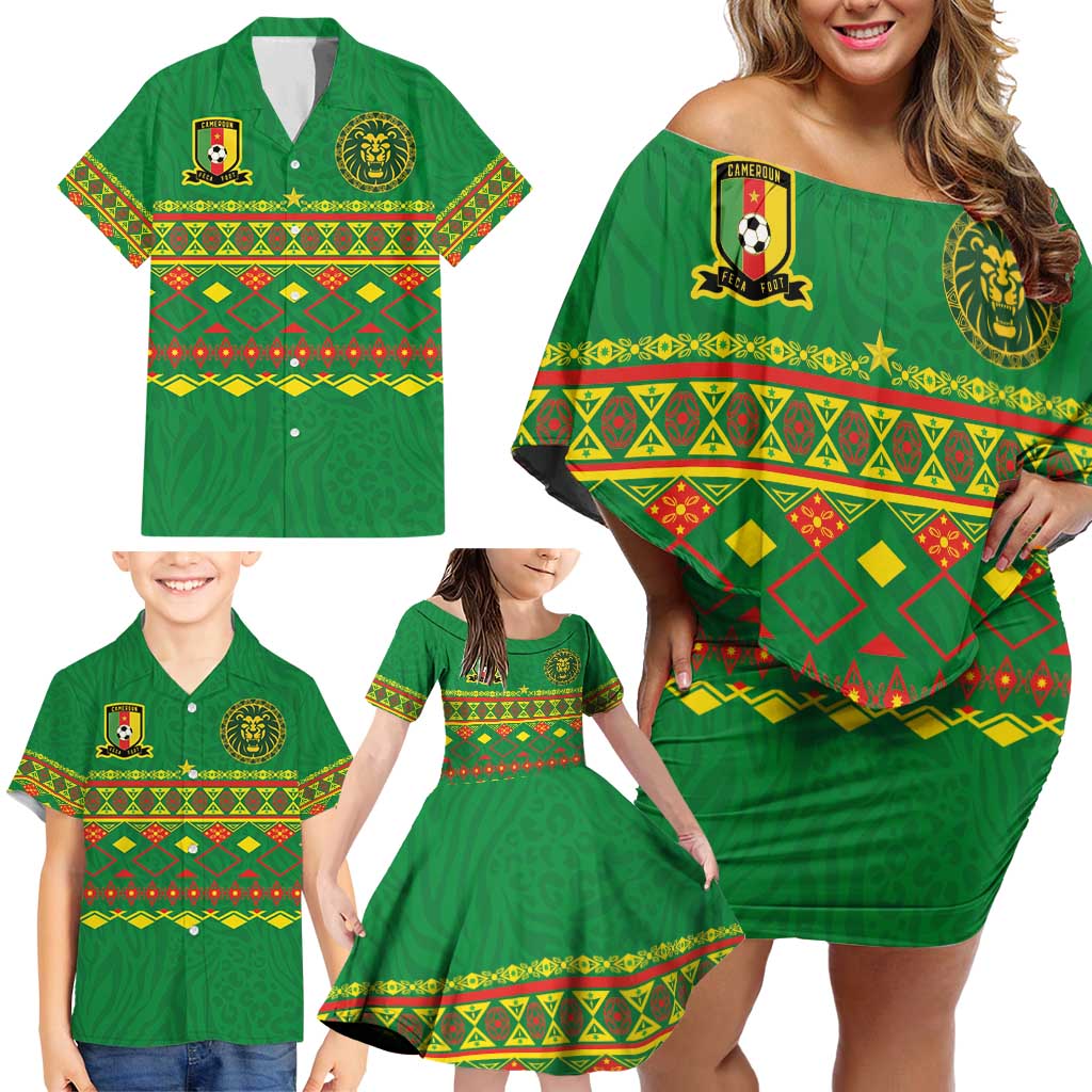 Custom Cameroon Football Family Matching Off Shoulder Short Dress and Hawaiian Shirt Tribal Motifs Green Color - Wonder Print Shop