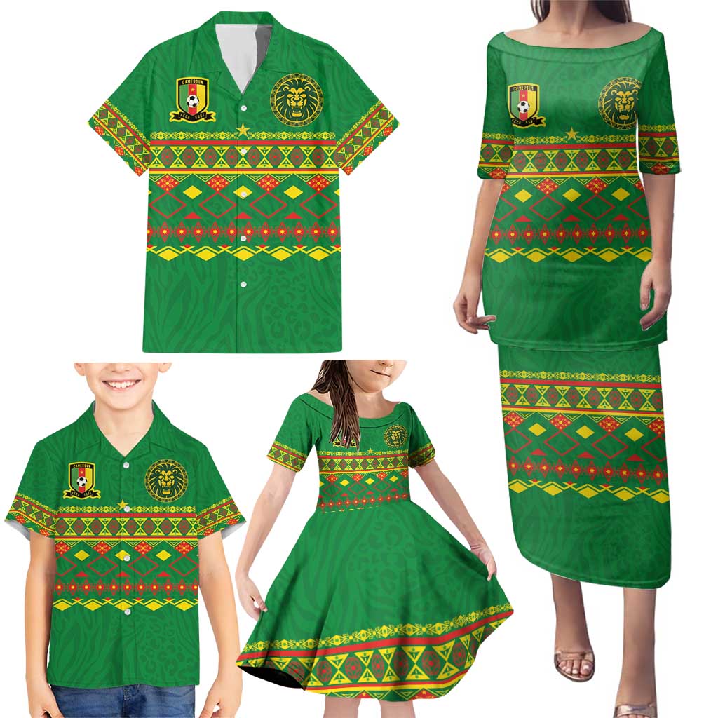 Custom Cameroon Football Family Matching Puletasi and Hawaiian Shirt Tribal Motifs Green Color - Wonder Print Shop