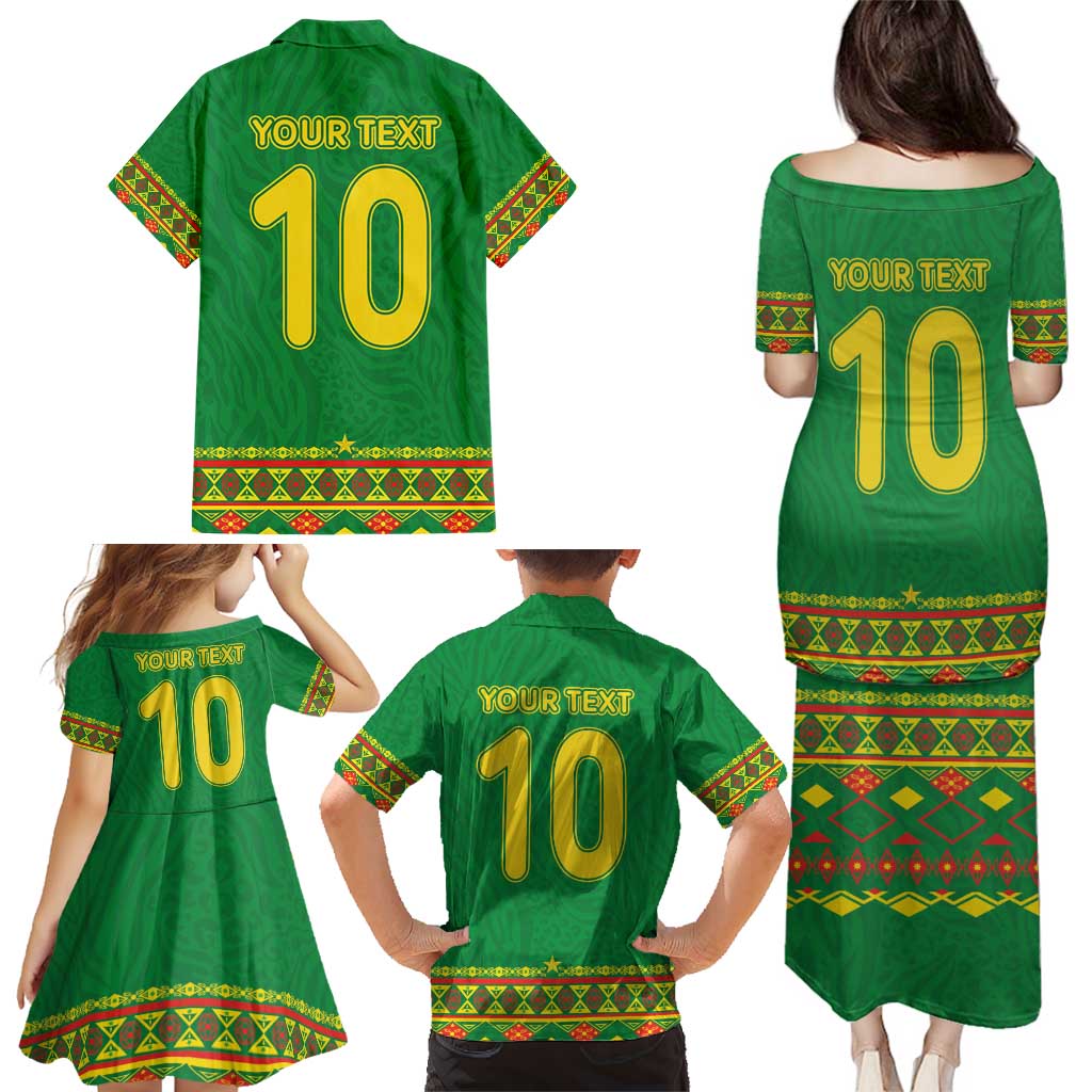 Custom Cameroon Football Family Matching Puletasi and Hawaiian Shirt Tribal Motifs Green Color - Wonder Print Shop
