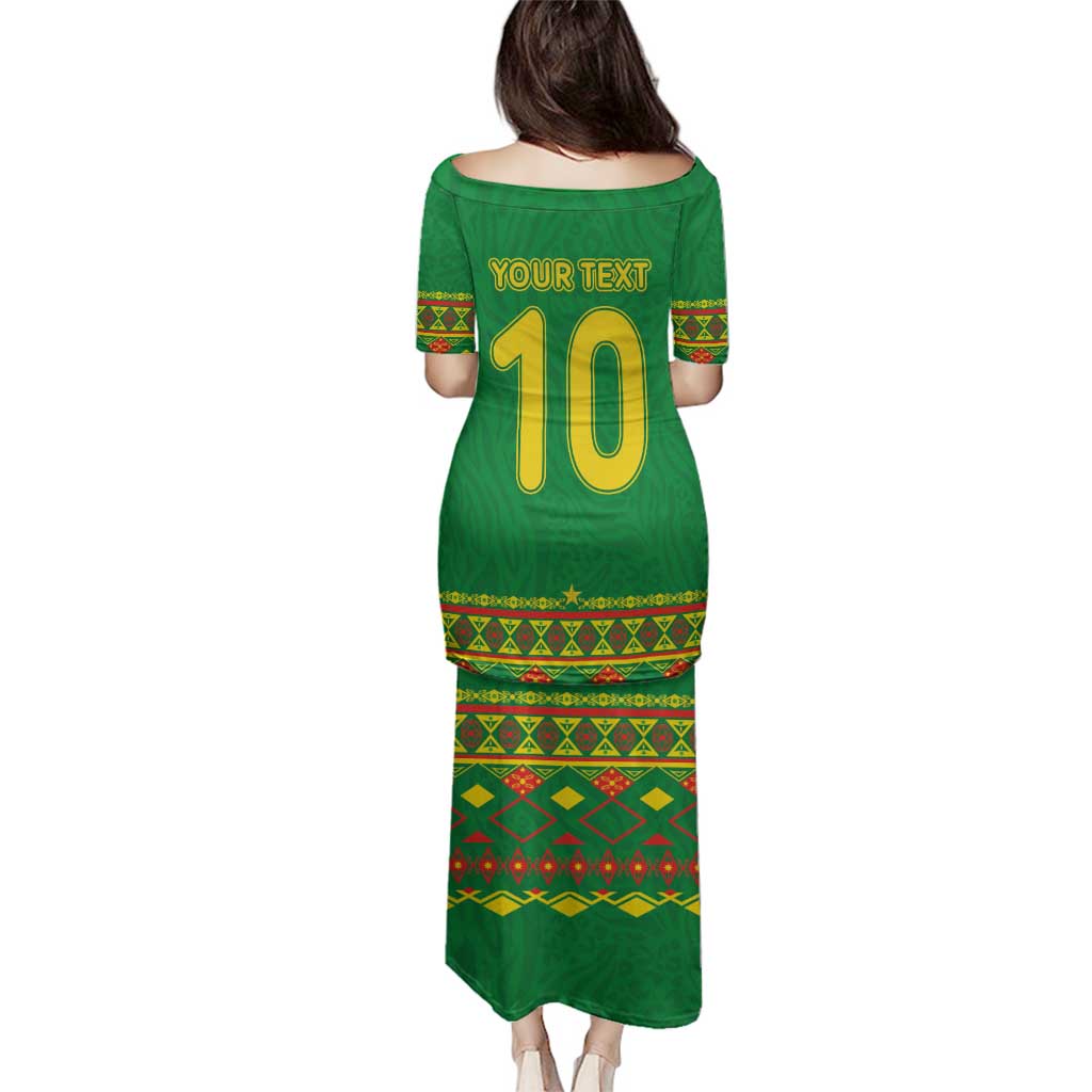 Custom Cameroon Football Family Matching Puletasi and Hawaiian Shirt Tribal Motifs Green Color - Wonder Print Shop