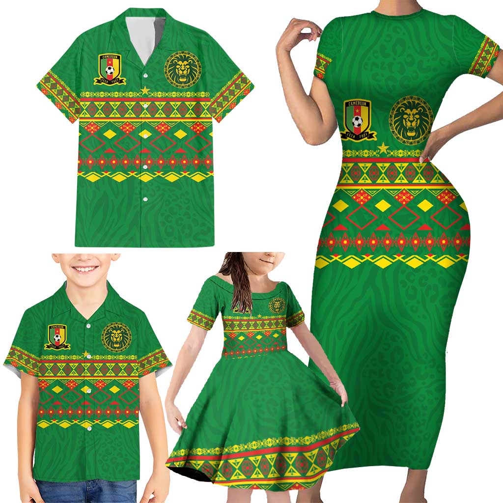 Custom Cameroon Football Family Matching Short Sleeve Bodycon Dress and Hawaiian Shirt Tribal Motifs Green Color - Wonder Print Shop