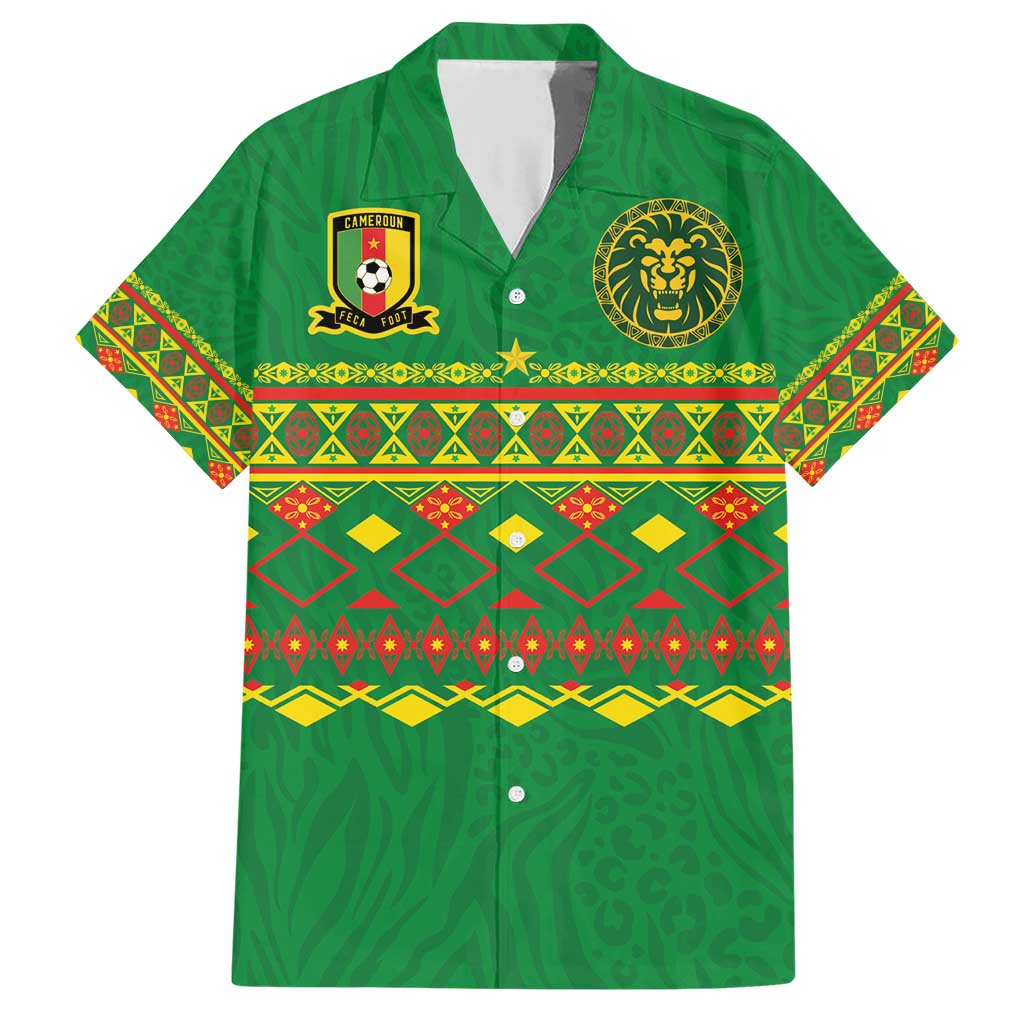 Custom Cameroon Football Family Matching Short Sleeve Bodycon Dress and Hawaiian Shirt Tribal Motifs Green Color - Wonder Print Shop