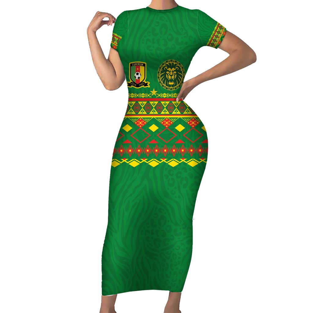 Custom Cameroon Football Family Matching Short Sleeve Bodycon Dress and Hawaiian Shirt Tribal Motifs Green Color - Wonder Print Shop