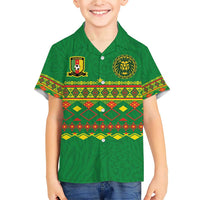 Custom Cameroon Football Family Matching Short Sleeve Bodycon Dress and Hawaiian Shirt Tribal Motifs Green Color - Wonder Print Shop
