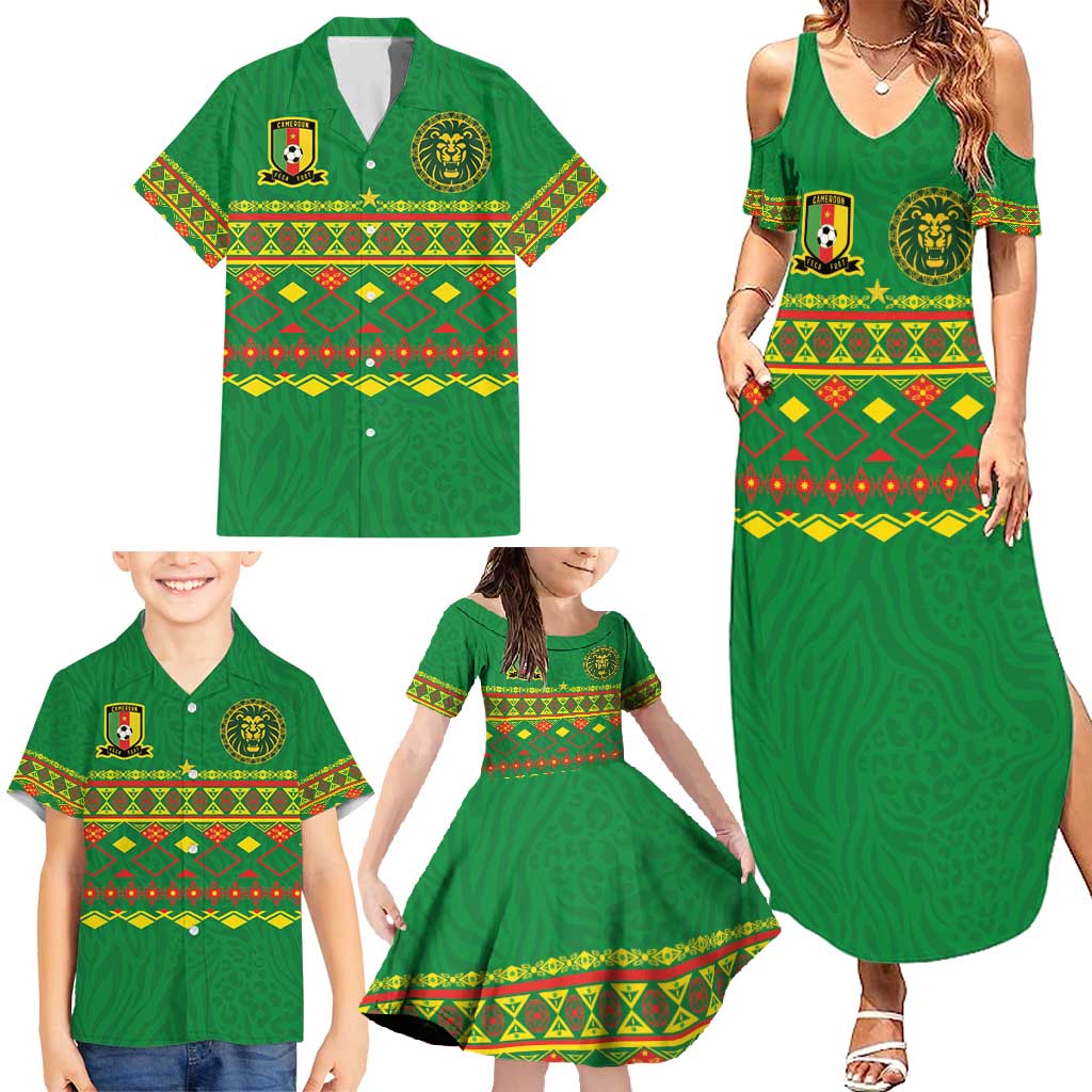 Custom Cameroon Football Family Matching Summer Maxi Dress and Hawaiian Shirt Tribal Motifs Green Color - Wonder Print Shop