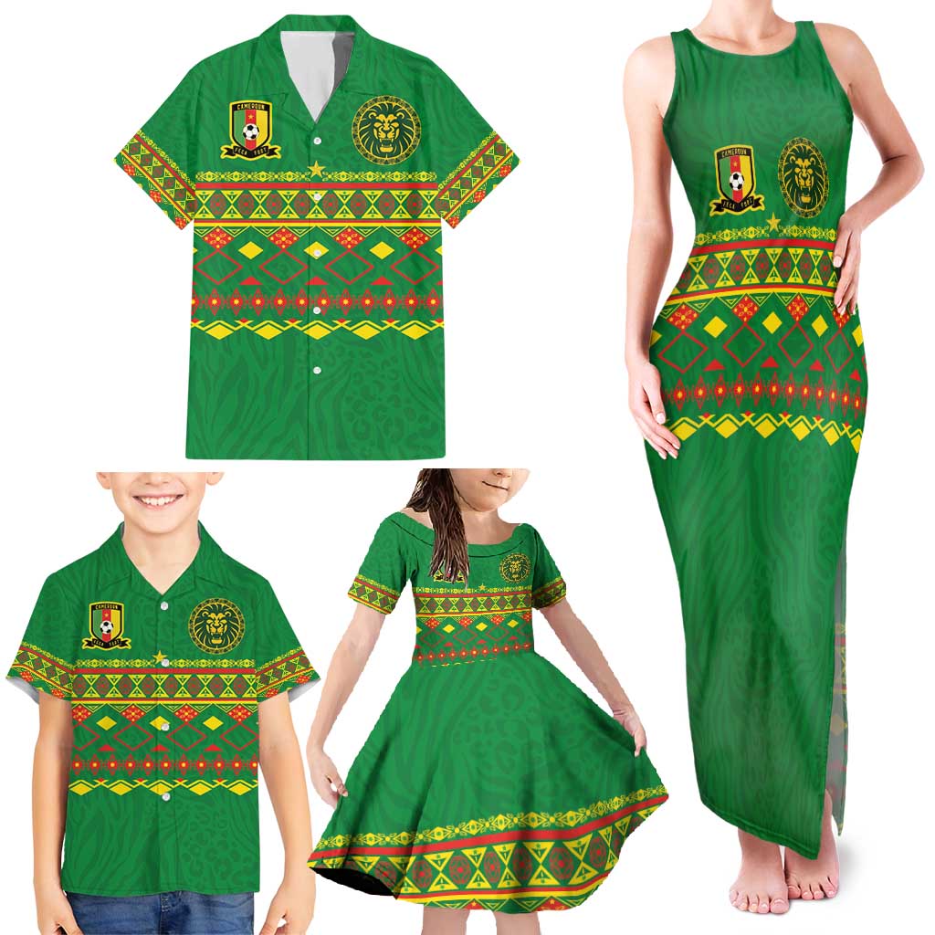 Custom Cameroon Football Family Matching Tank Maxi Dress and Hawaiian Shirt Tribal Motifs Green Color - Wonder Print Shop