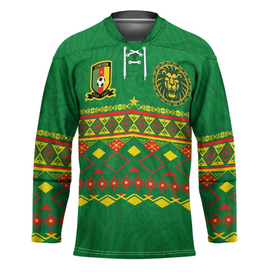 Custom Cameroon Football Hockey Jersey Tribal Motifs Green Color - Wonder Print Shop