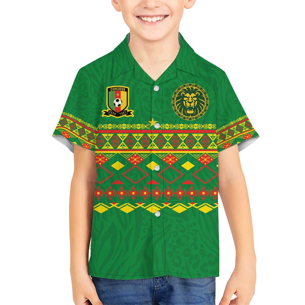 Custom Cameroon Football Kid Hawaiian Shirt Tribal Motifs Green Color - Wonder Print Shop