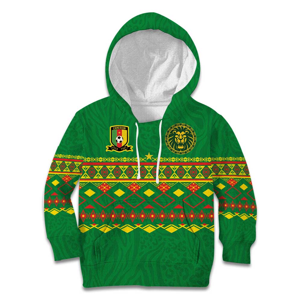 Custom Cameroon Football Kid Hoodie Tribal Motifs Green Color - Wonder Print Shop