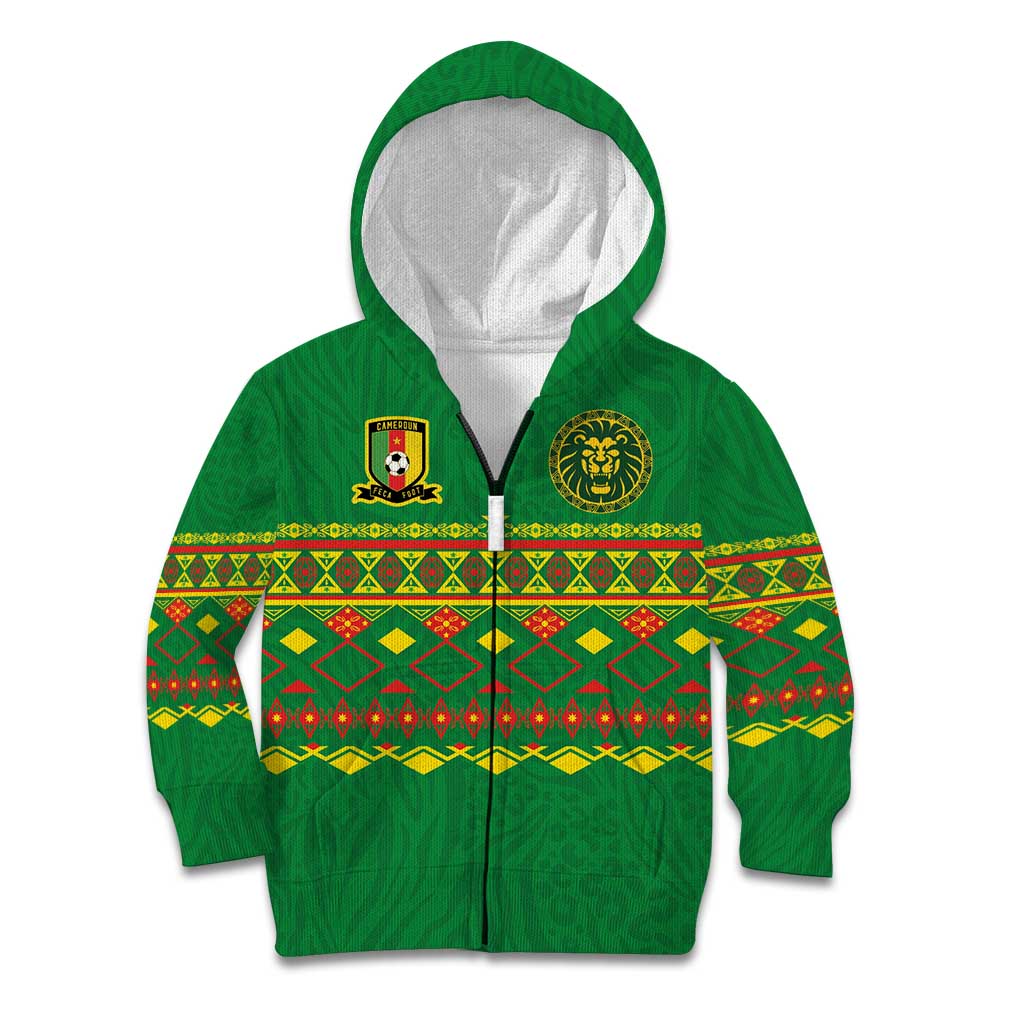 Custom Cameroon Football Kid Hoodie Tribal Motifs Green Color - Wonder Print Shop