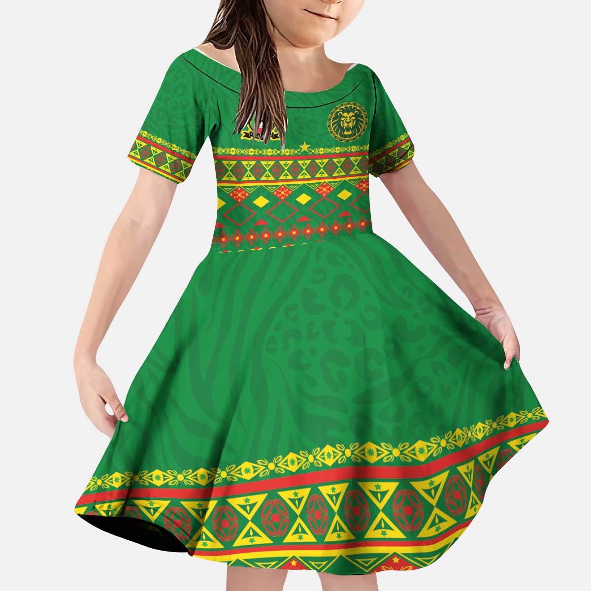 Custom Cameroon Football Kid Short Sleeve Dress Tribal Motifs Green Color - Wonder Print Shop