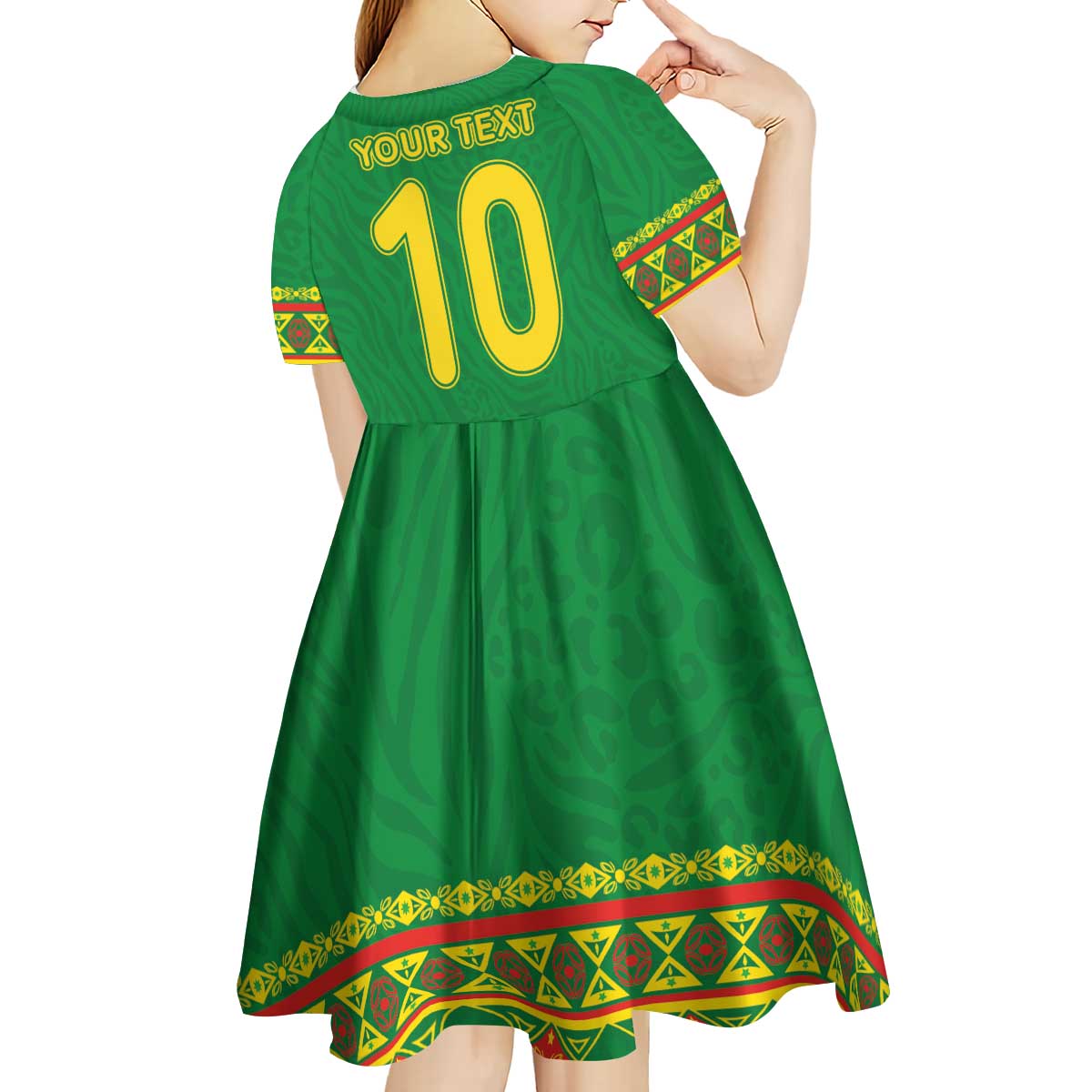 Custom Cameroon Football Kid Short Sleeve Dress Tribal Motifs Green Color - Wonder Print Shop