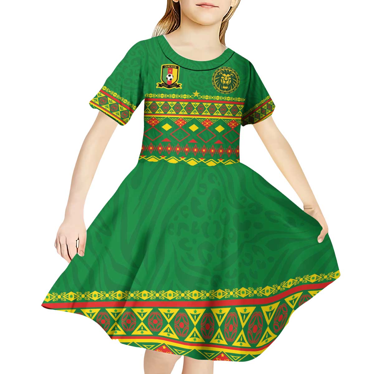 Custom Cameroon Football Kid Short Sleeve Dress Tribal Motifs Green Color - Wonder Print Shop