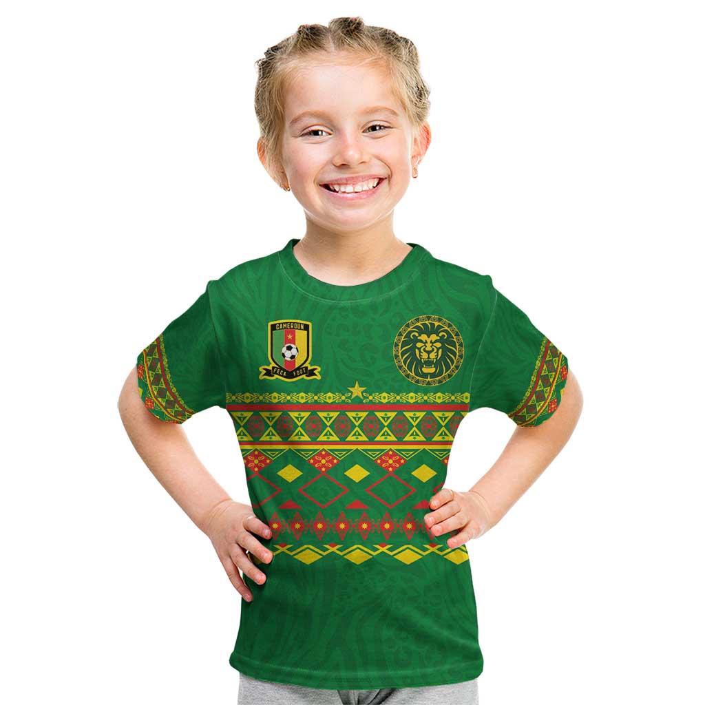 Custom Cameroon Football Kid T Shirt Tribal Motifs Green Color - Wonder Print Shop