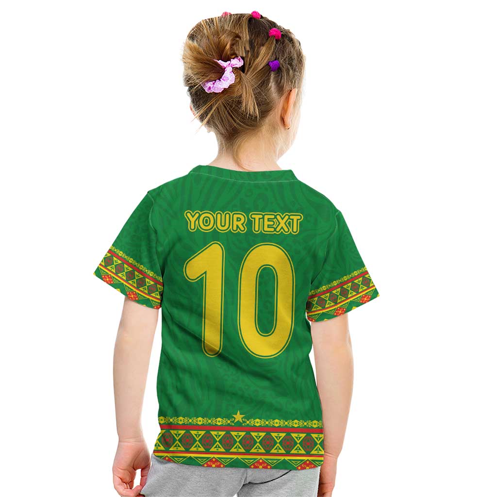 Custom Cameroon Football Kid T Shirt Tribal Motifs Green Color - Wonder Print Shop