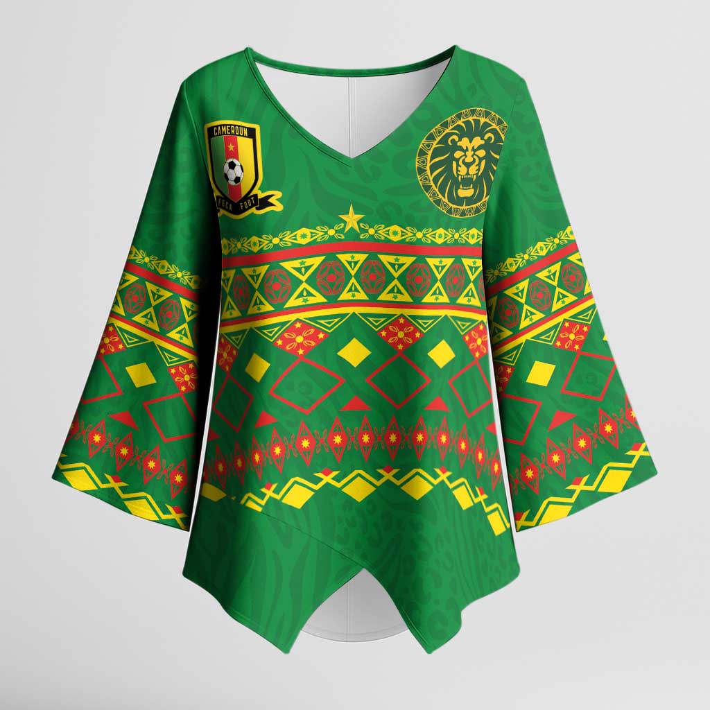 Custom Cameroon Football Kimono Sleeve Blouse Tribal Motifs Green Color - Wonder Print Shop